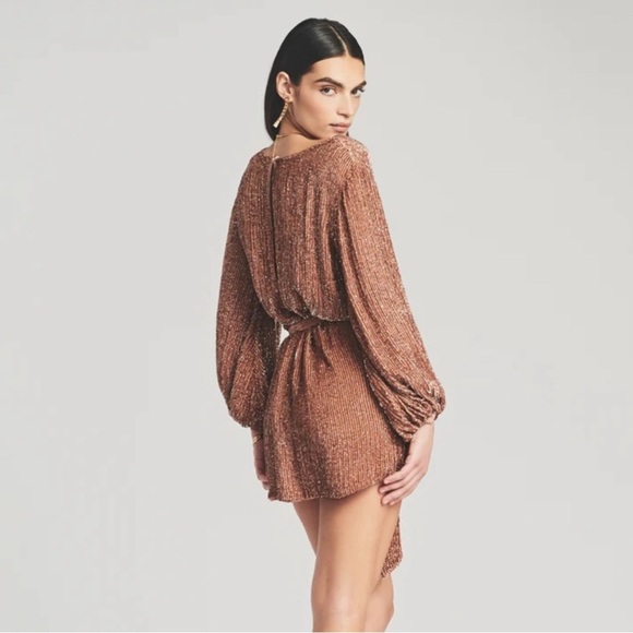 Retrofete Grace Sequin Long Sleeve Mini Dress with Velvet Tie Belt Bronze SizeXS - Picture 14 of 14